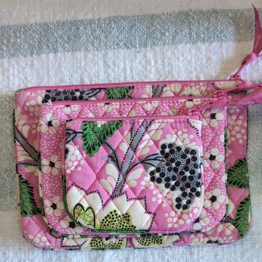 Vera Bradley Pink and Green Quilted Pouch 3pc Set